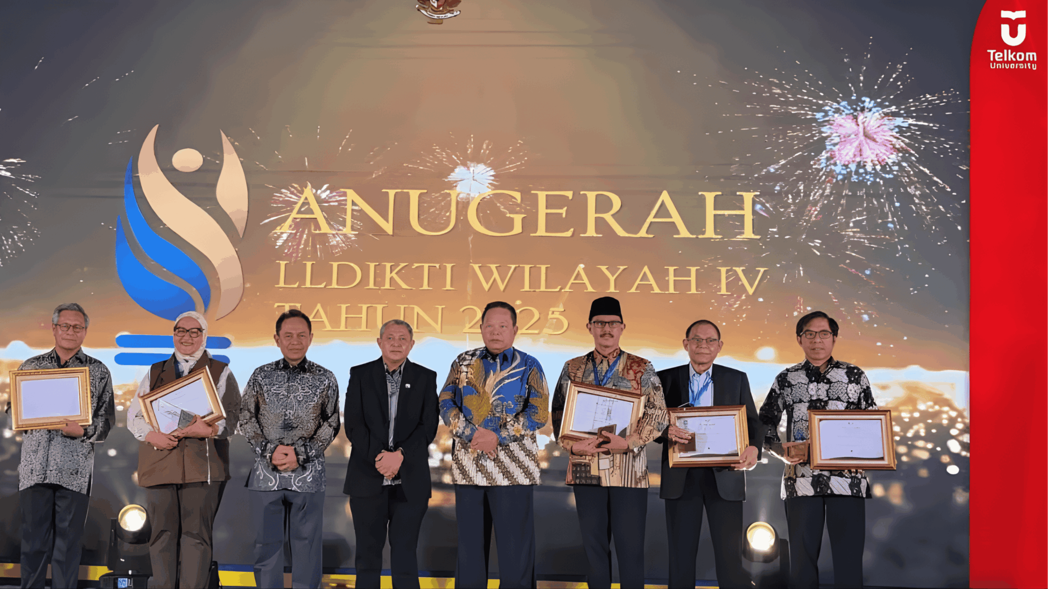 Telkom University representatives receiving multiple awards at Anugerah LLDIKTI Wilayah IV 2025, held at Mason Pine Hotel, Bandung Barat